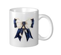 Woshuwo Taza de cerámica con lazo de satén blanco, cinta de terciopelo azul marino, elegante taza de café, taza de agua para oficina en casa, 325 ml