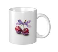 Woshuwo Taza de cerámica de dos cerezas con lazo de cinta violeta, elegante taza de café, taza de agua para el hogar y la oficina, 325 ml