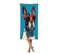 Woshuwo Toalla de playa ligera de 27.5 x 55 pulgadas, diseño de bulldog francés con gafas de sol rojas, manta de playa ligera de secado rápido para vacaciones