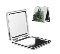 Woshuwo Woodland Pine Trees With A Sun - Espejo de maquillaje de doble cara de piel sintética portátil compacto de bolsillo con lupa