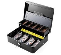 WOT I Caja de dinero de acero con bandeja para dinero con cerradura de llave, caja de 11.8 pulgadas de largo x 9.5 pulgadas de ancho con cubierta de bandeja, 5 bandejas para monedas, 4 ranuras para