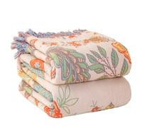 Wotcsil Manta Sofa de Algodón para Cama Colcha Sofa Floral Boho Plaid Manta Foulard Multiusos Jarapas para Sofas Cubrecama Verano Inverno (Verde Naranja con Borlas, 150x200cm)