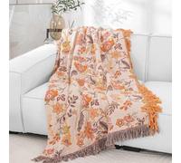 Wotcsil Mantas Sofá Plaid Foulard Sofa Algodón Boho Verano Inverno Estampado de Hojas Florales Multiusos Cubrecama para Cama para Toda Estación, Amarillo Naranja, 150x200cm