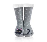 WOTENCE Calcetines Pantuflas Antideslizantes de Invierno para Mujer Calcetines de Casa Cálidos con Forro Polar para Navidad(Gato Gris)
