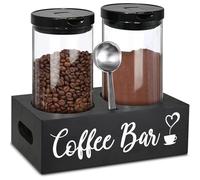 Wotendy Recipientes de Vidrio para Café con Estante, Frasco de Almacenamiento de Café con Cucharas para Frijoles, Té de Hojas Sueltas, Nueces, Matcha, 1400ml,Negro