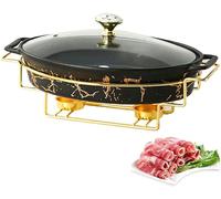 WOTZOV Juego de Calentador de cerámica para bufé con Acabado de imitación mármol, con Tapa de Vidrio y Soportes para Combustible para bufé y Banquete.，Black 30cm