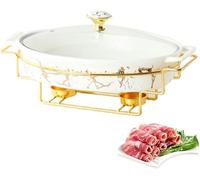 WOTZOV Juego de Calentador de cerámica para bufé con Acabado de imitación mármol, con Tapa de Vidrio y Soportes para Combustible para bufé y Banquete.，White 30cm
