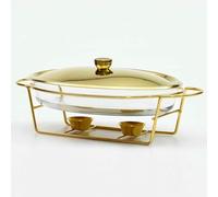 WOTZOV Juego de Plato Calentador de bufé, Recipiente Ovalado de 3 l con Recipiente de Vidrio, Tapa metálica y Soporte de Acero Inoxidable, Ideal para bufés, Bodas, fie，Gold