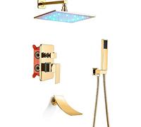 WOTZOV Sistema De Ducha Led, Grifo De Ducha Dorado Oculto con Caño De Bañera Tipo Cascada, Juego Combinado De Ducha con Rociador De Mano Y Cabezal De Ducha De Lluvia Cuadrado, Kit De，Type B 12 Inches