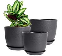 WOUSIWER Macetas de 10/9/8 Pulgadas, Juego de 3 macetas Decorativas Modernas de plástico con Agujeros de Drenaje y platillos para Plantas de Interior, Plantas de Flores de Interior, Color Negro