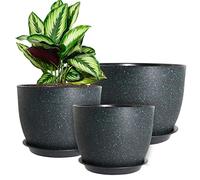 WOUSIWER Macetas de 10/9/8 Pulgadas, Juego de 3 macetas Decorativas Modernas de plástico con Agujeros de Drenaje y platillos para Plantas de Interior, Flores de Interior, motas Negras