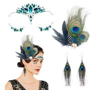 WOUYTPE 3 Piezas Adorno de Pelo de Pavo Real, Pendientes Peacock, Pedrería Facial, Pendientes y Tocados de Pavo Real, con Diamantes Faciales, Adecuados para Carnavales y Bailes de Máscaras