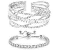 Wovanoo Pulsera de diamantes de imitación para mujer, 2 piezas, pulsera multicapa de diamantes de imitación de cristal brillante, pulsera de novia para fiesta, graduación, boda, Aleación.