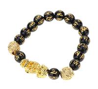 WOVEBIUS Pulsera pixiu dorada con cuentas de mantra de seis palabras de 10 mm, obsidiana de 10 mm, obsidiana, dorada y café