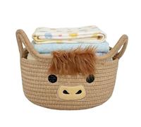 Woven Storage Basket - Cotton Rope Nursery Organizer, Cute Highland Cow Basket with Handles, Space Saving Toy Storage Bin | Cow Woven Organizer for Blankets, Snacks, Books, Nursery Playroom Decor