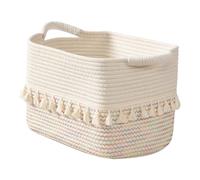 Woven Storage Bin - Cotton Basket | 30x20cm Rope Bin Organizer With Soft Structure, Cotton Rope Container, Clothes Container With Decorative Tassels, Countertop Storage Shelf For Living Space