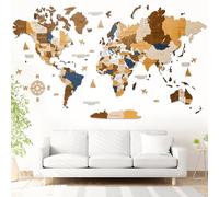 WOW WOOD Mapamundi de madera 3D para pared en español | sin taladro con adhesivos, plantillas y pines | arte mural para hogar u oficina