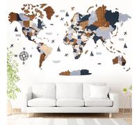 WOW WOOD Mapamundi de madera 3D para pared en español | sin taladro con adhesivos, plantillas y pines | arte mural para hogar u oficina