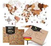 WOW WOOD® Pared Decoración Mapamundi de madera en alemán con alfileres | Montaje en pared sin herramientas | Idea de regalo para cualquier celebración | Decoración de pared para el hogar y la oficina