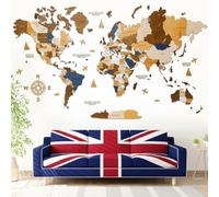 WOW WOOD® Pared Decoración Mapamundi de madera en inglés con alfileres | Montaje en pared sin herramientas | Idea de regalo para cualquier celebración | Decoración de pared para el hogar y la oficina