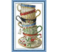 WOWDECOR - Kit de bordado de punto de cruz para adultos y niños, exquisita taza de café con sello de 11 quilates, para bricolaje, costura fácil para principiantes