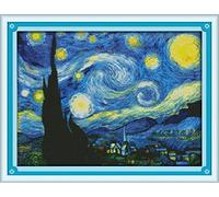 WOWDECOR Kit de punto de cruz estampado para adultos principiantes, preimpreso, La noche estrellada de Van Gogh, 11 quilates, grande, 59 x 45 cm, juego de bordado de cuadros famosos