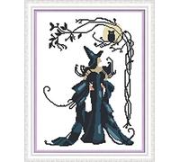 WOWDECOR Kits de bordado de punto de cruz para adultos y niños, bruja mágica de Halloween, 11 quilates, con sello DMC, costura fácil para principiantes