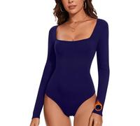 WOWENY Body de mujer de manga larga con cuello alto, cuello cuadrado, térmico, forro polar, camiseta básica de invierno, jersey de manga larga, azul marino, S