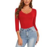 WOWENY Body para mujer elegante de manga corta/manga 3/4 con encaje, body para mujer con escote en V, body para mujer para baile, body de tirantes, body de encaje, M