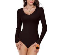 WOWENY Body térmico de manga larga mujer, elegante Bodysuit Tops micro polar, camiseta cálida con cuello en V Básico Leotardo Top Negro M