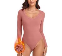 WOWENY Body térmico de manga larga para mujer, elegante, de encaje, micro forro polar, camiseta de encaje cálido, camiseta de manga larga para mujer, con cuello en V, body de manga larga, Rosa., S