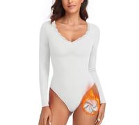 WOWENY Body Térmico Mujer Manga Larga Elegante con Encaje Escote En V Forro Polar Body Cálido Cómodo Tops Camisa