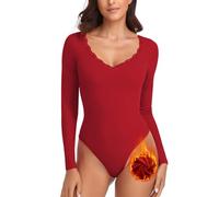 WOWENY Body Térmico Mujer Manga Larga Elegante con Encaje Escote En V Forro Polar Body Cálido Cómodo Tops Camisa