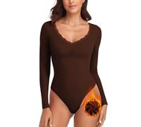WOWENY Body Térmico Mujer Manga Larga Elegante con Encaje Escote En V Forro Polar Body Cálido Cómodo Tops Camisa