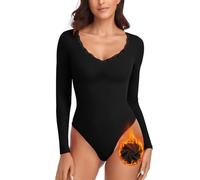 WOWENY Body Térmico Mujer Manga Larga Elegante con Encaje Escote En V Forro Polar Body Cálido Cómodo Tops Camisa