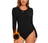 WOWENY Body térmico para mujer con forro, de manga larga, micro polar, camiseta térmica con cuello redondo, body de manga larga, cálido, cómodo, Manga larga negra., S