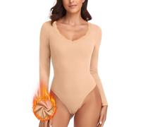 WOWENY Body térmico para mujer de manga larga, elegante, con puntas, escote en V, forro polar, bodysuit, cálido, cómodo, camiseta de manga larga, beige, L