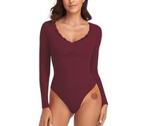 WOWENY Body térmico para mujer de manga larga, elegante, con puntas, escote en V, forro polar, bodysuit, cálido, cómodo, camiseta de manga larga, borgoña, M