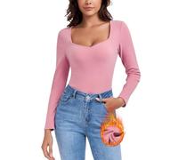 WOWENY Camiseta térmica de manga larga para mujer con cuello sweetheart elegante, manga 3/4, cálida, cómoda, de forro polar, para invierno, M