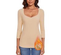 WOWENY Camiseta térmica de manga larga para mujer con cuello sweetheart elegante, manga 3/4, cálida, cómoda, de forro polar, para invierno, XXL