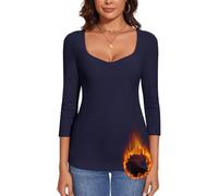 WOWENY Camiseta térmica de manga larga para mujer con cuello sweetheart elegante, manga 3/4, cálida, cómoda, de forro polar, para invierno, XL