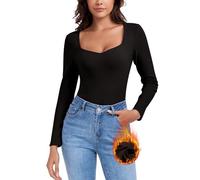 WOWENY Camiseta térmica de manga larga para mujer con cuello sweetheart elegante, manga 3/4, cálida, cómoda, de forro polar, para invierno, Manga larga negra., XL