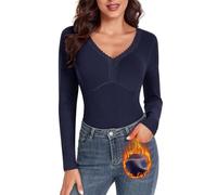 WOWENY Camiseta térmica para Mujer Manga Larga con Encaje Cuello en V Forro Polar Tops Elegantes Camiseta Interior cálida para Invierno