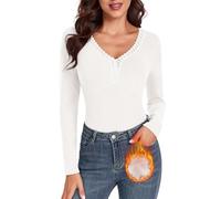 WOWENY Camiseta térmica para Mujer Manga Larga con Encaje Cuello en V Forro Polar Tops Elegantes Camiseta Interior cálida para Invierno