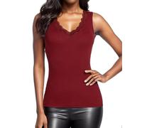 WOWENY Top/Camiseta de manga larga para mujer con puntillas, cuello en V, elegante y sexy, camiseta básica con tirantes, camiseta interior, L