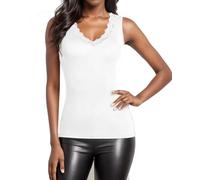 WOWENY Top/Langarmshirt Damen Con Encaje Cuello en V Elegante y Sexy Básico Tank Top Camiseta Interior, Sin Mangas Blanco, M