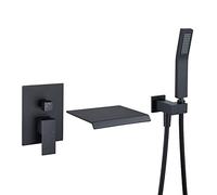 Wowkk Grifo romano para bañera de pared con cascada, color negro, monomando, de latón, con ducha de mano