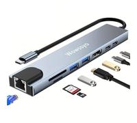 Wowssyo Hub USB C 8 en 1 - Adaptador de Aluminio Con HDTV 4K, PD 100W, USB 3.0, SD/TF, Datos USB-C Para MacBook Air/Pro, iPad Pro, Switch, Chromecast, Windows y Dispositivos Tipo-C