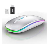 Wowssyo Ratón inalámbrico, 2,4 GHz USB inalámbrico, ratón Bluetooth, 1600 DPI Optical Tracking, LED recargable modo dual para ordenador portátil, PC, iOS, Android, iPad, Windows, color plateado