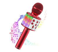 Wowstar Karaoke Micrófono Bluetooth, 5 en 1 Micrófono Inalámbrico con Luces LED para Niños Adultos Canta Partido Musica, Compatible con Android/iOS PC AUX o Teléfono Inteligente (Rojo)